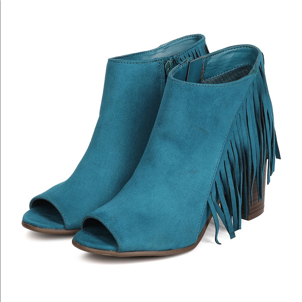 Breckelles Reanna Peep Toe Fringe Booties